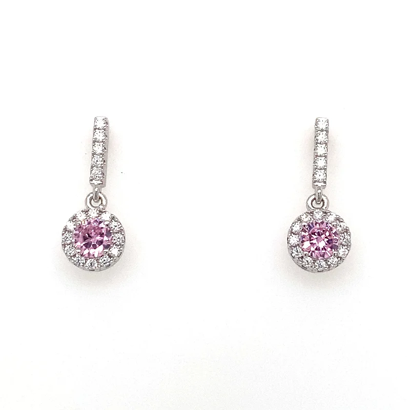 Bamboo style earrings-Sterling Silver Pink Cz Halo Drop Earrings