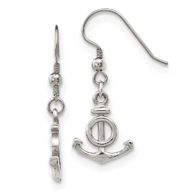 Glossy silver earrings-Stainless Steel Polished Anchor Dangle Shepherd Hook Earrings