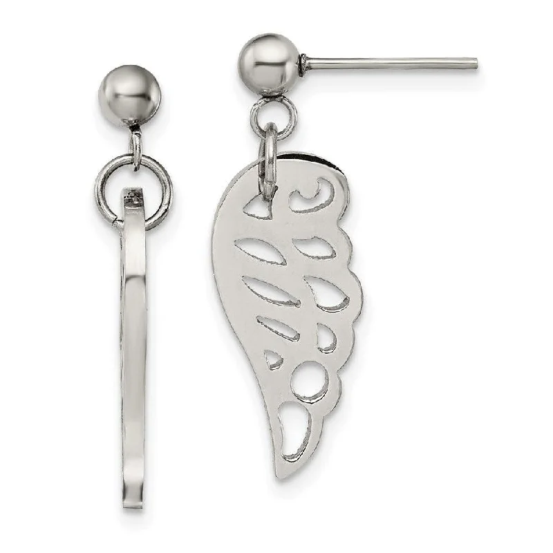 Rose motif earrings-Stainless Steel Polished Wing Post Dangle Earrings