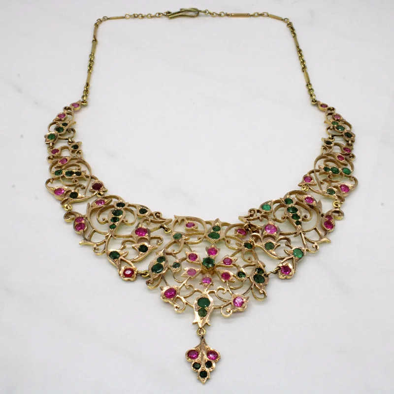 Cedar wood necklaces-Vintage Emerald & Synthetic Ruby Ornate Necklace | 5.50ctw, 6.80ctw | 20" |