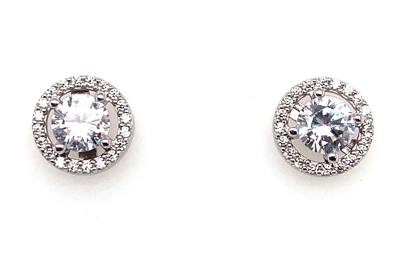 Bamboo style earrings-Sterling Silver Cz Halo Stud Earrings