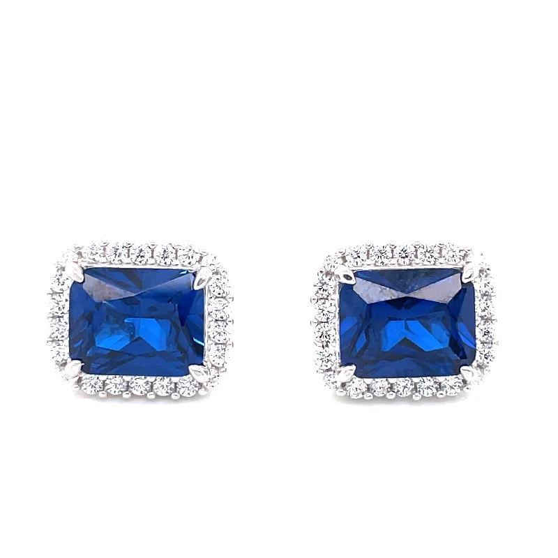 Shiny star earrings-Sterling Silver Emerald Cut Sapphire CZ Earrings