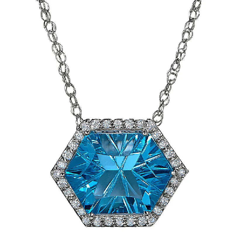 Textured disc necklaces-Halo Concave Hexagon Swiss Blue Topaz and Diamond Necklace Worn Two Ways