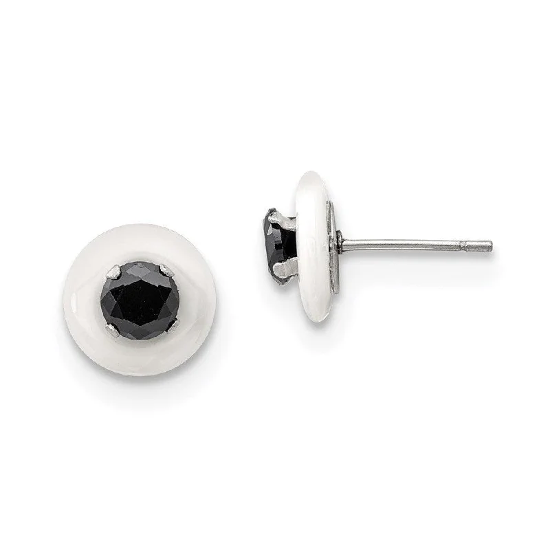 Bead weave earrings-Stainless Steel Polished White Ceramic w/Black CZ Post Earrings