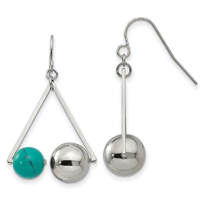 Light bead earrings-Stainless Steel Polished Triangle w/Imit.Turquoise Beads Earrings