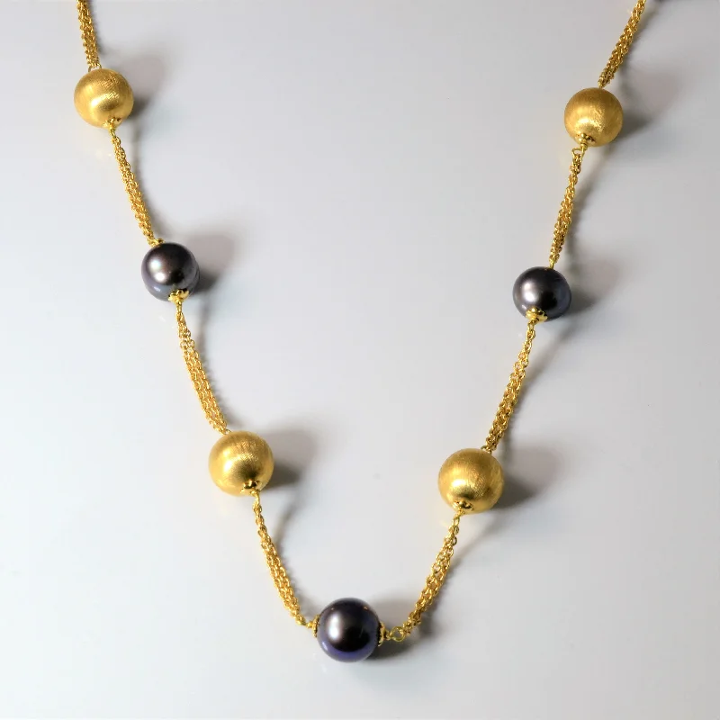 Glossy gold necklaces-Beaded Gold & Black Pearl Necklace | 16" |