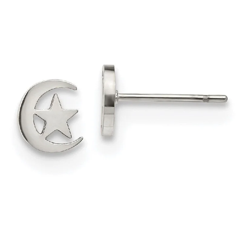 Solid bar earrings-Stainless Steel Polished Moon and Star Post Earrings