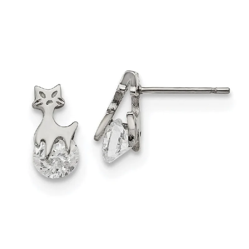 Alloy metal earrings-Stainless Steel Polished w/CZ Cat Post Earrings