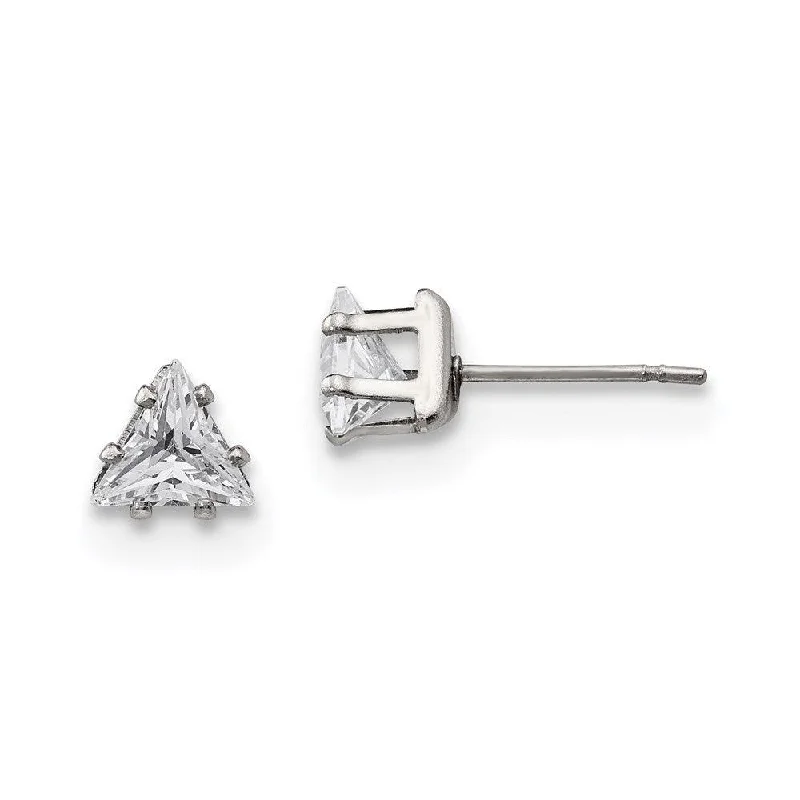 Bright gem earrings-Stainless Steel Polished 6mm Triangle CZ Stud Post Earrings