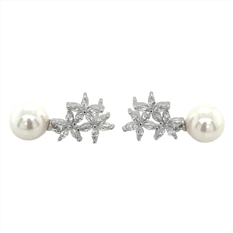 Soft cord earrings-Sterling Silver Triple Floral Cz & Pearl Drop Earrings