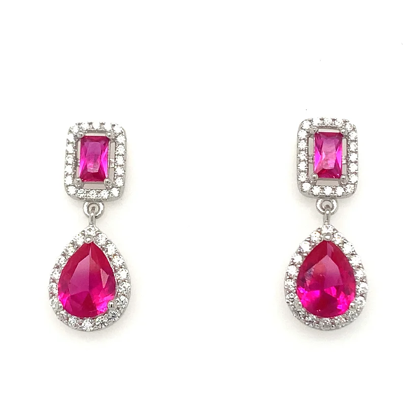 Light clay earrings-Sterling Silver Ruby And Cz Drop Earrings