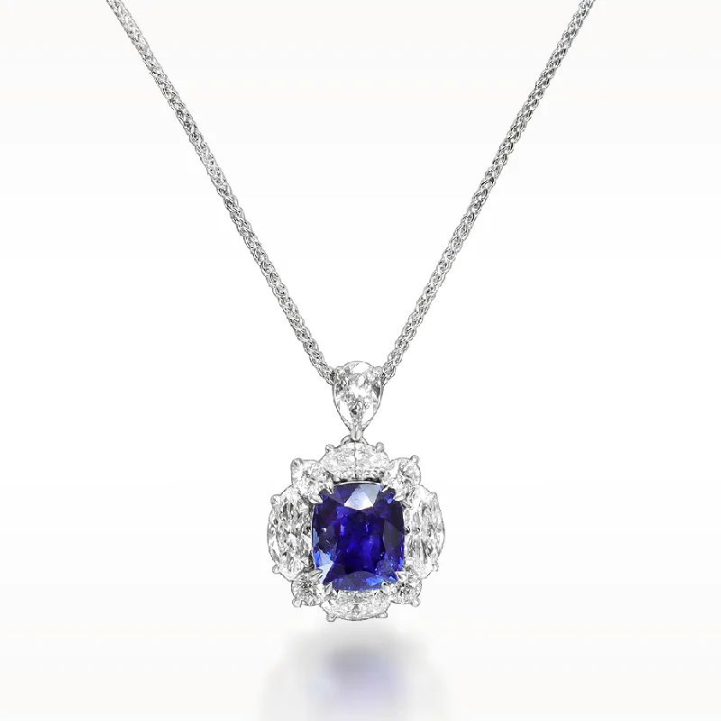 Rose motif necklaces-5.75ct Sapphire And Diamond White Gold Necklace