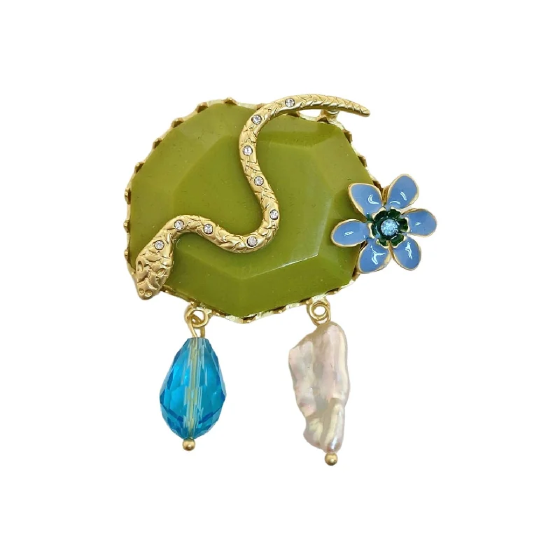 Gold Plated Brooch w/ Green Resin & Mother of Pearl & Enamel Flower & Snake