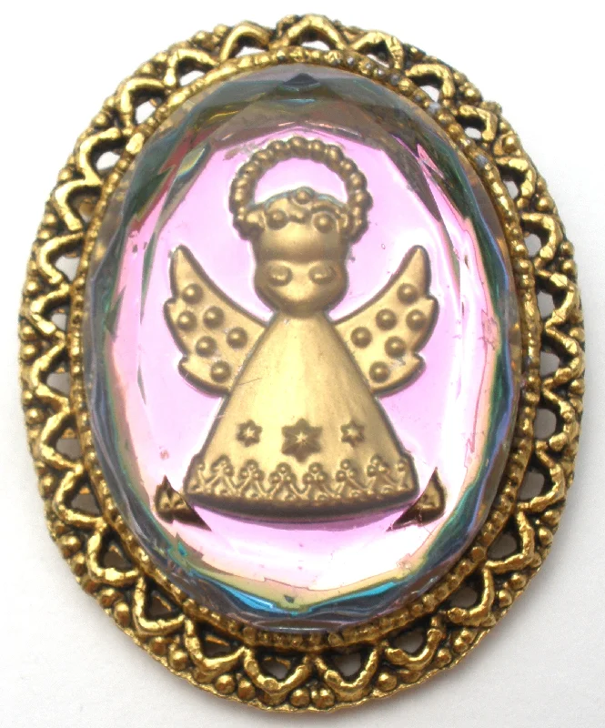 Vintage Reverse Intaglio Glass Angel Brooch