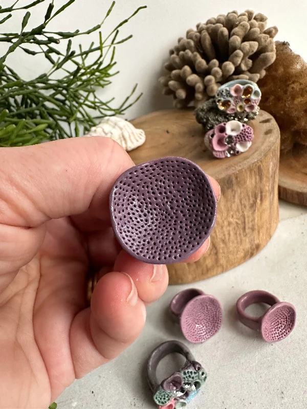 Glossy silver rings-Handmade porcelain ‘rock coral’ rings, purples/ pinks