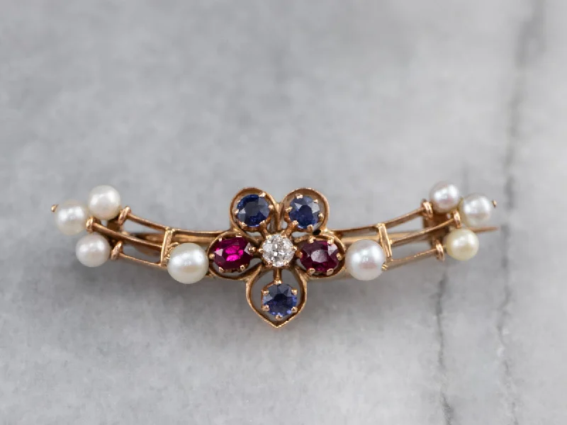 Old Mine Cut Diamond Ruby Sapphire and Pearl Brooch