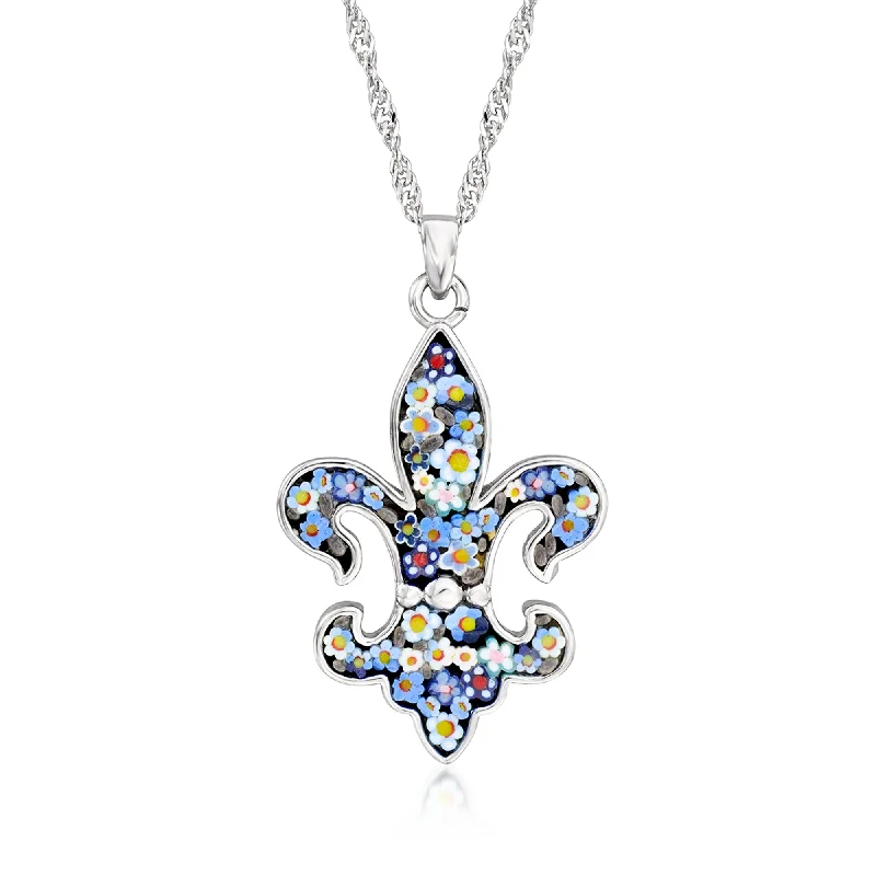 Classic style necklaces-Ross-Simons Italian Multicolored Murano Glass Mosaic Fleur-De-Lis Pendant Necklace in Sterling Silver