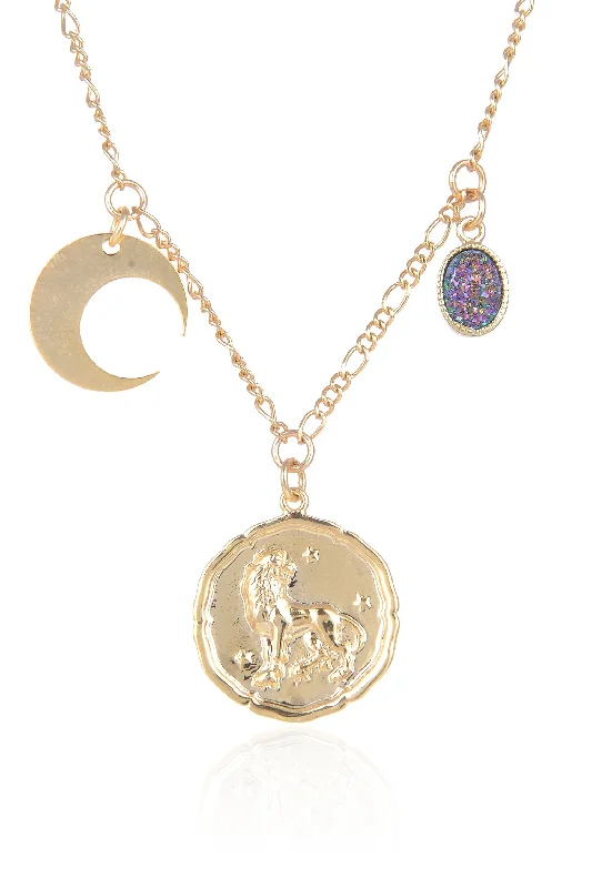 Vintage locket necklaces-Zodiac Druzy Moon Necklace: Leo