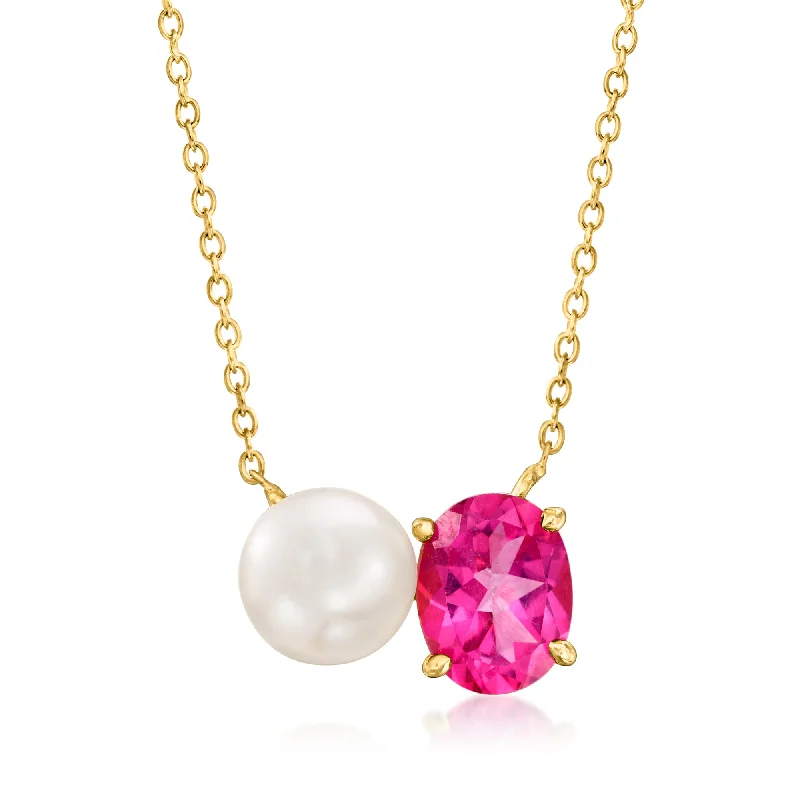 Pure gloss necklaces-Ross-Simons 7.5-8mm Cultured Pearl and Pink Topaz Toi Et Moi Necklace in 18kt Gold Over Sterling