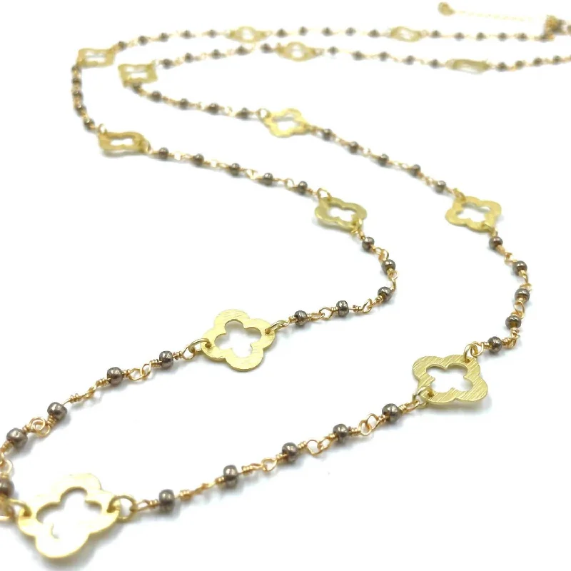 Fine drop necklaces-Brushed Long Necklace In Clover And Pyrite