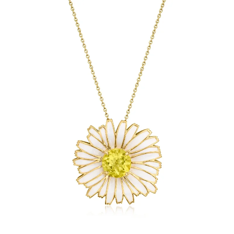 Subtle filigree necklaces-Ross-Simons Lemon Quartz and White Enamel Daisy Pin/Pendant Necklace in 18kt Gold Over Sterling