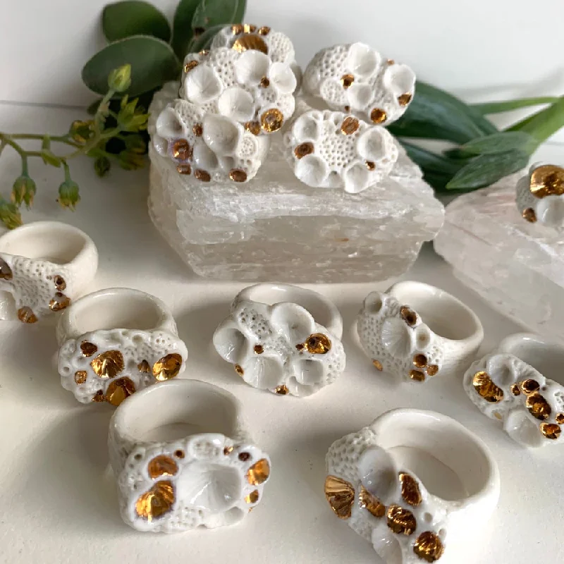 Thin enamel rings-One white and gold ‘rock coral’ porcelain ring