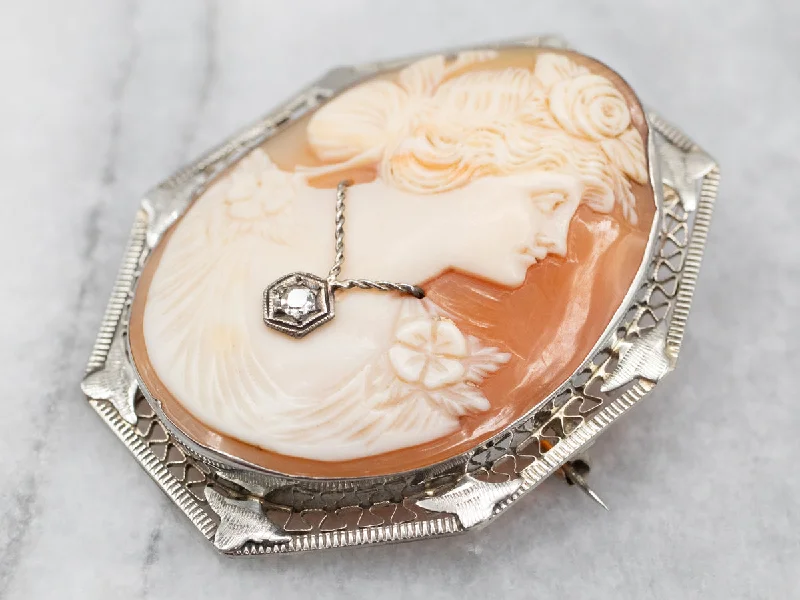 Exquisite Two Tone Cameo Brooch or Pendant with Diamond Accent