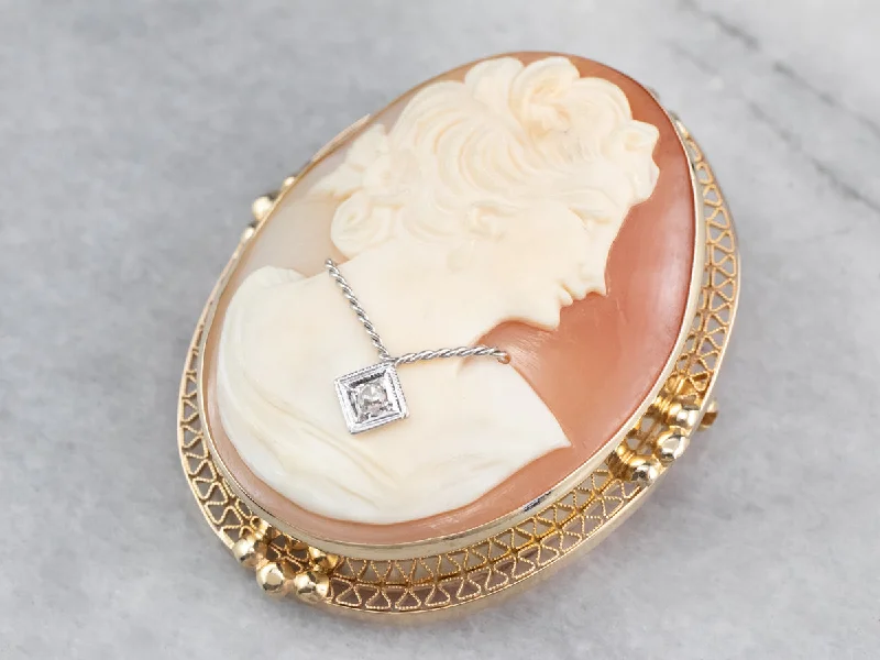 Retro Cameo Diamond Gold Brooch Pendant