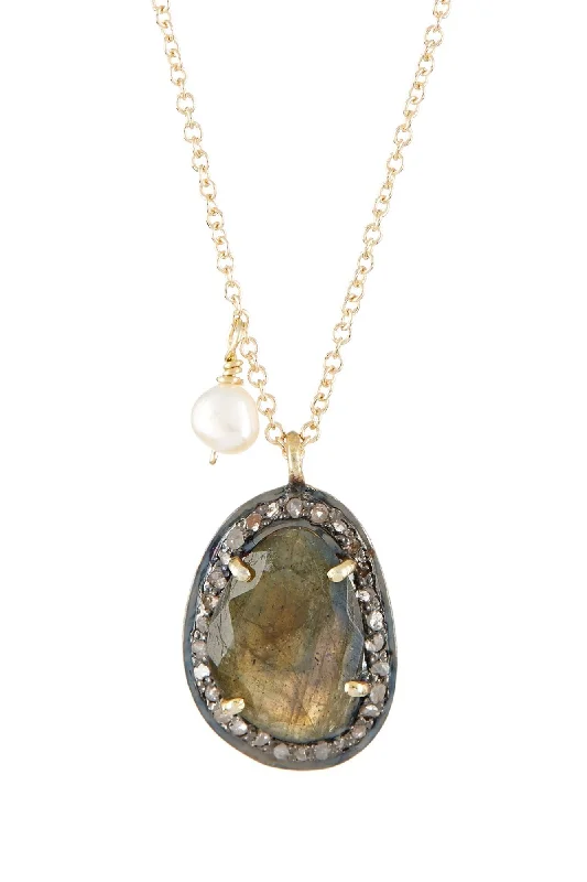 Spinel necklaces-GOLD PLATED OVER STERLING SILVER LABRADORITE AND MOP NECKLACE