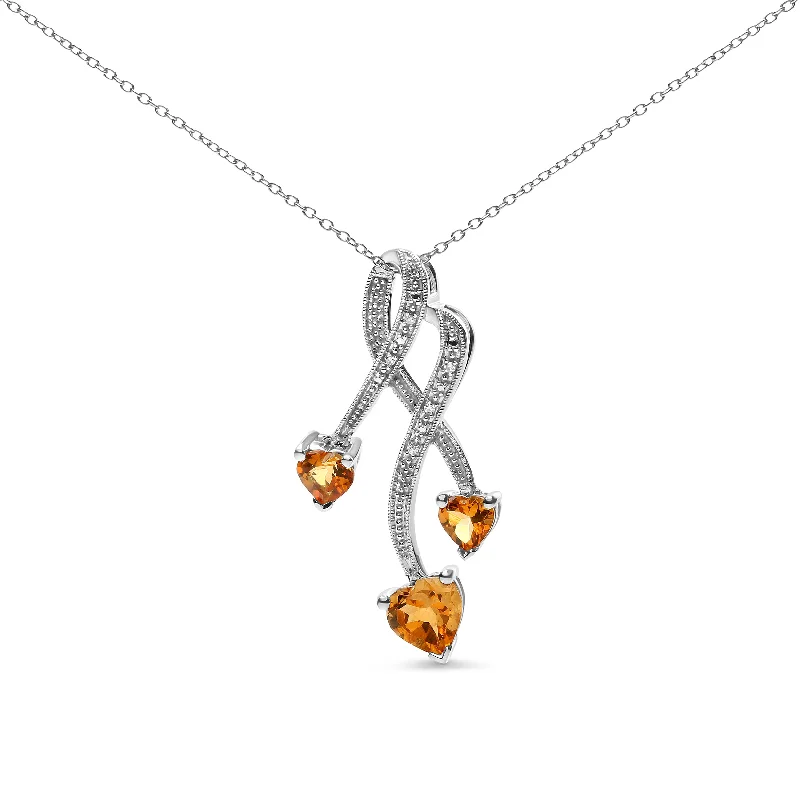 Sapphire stone necklaces-.925 Sterling Silver 3-Stone Heart Shape Citrine and Diamond Accent Spiral Drop 18" Pendant Necklace