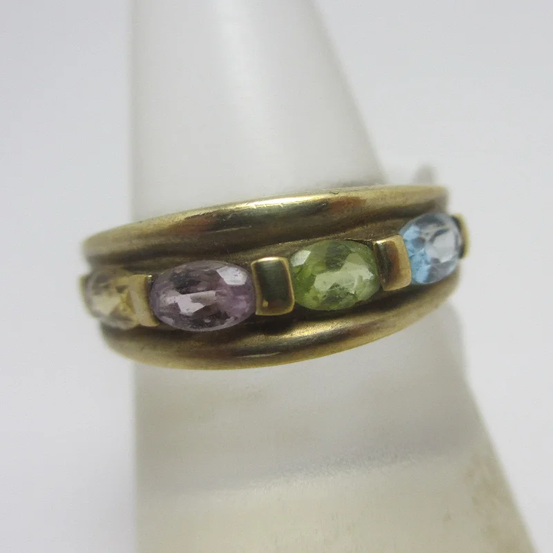 Cord edge rings-Blue Topaz Citrine Amethyst Tourmaline 9k Gold Ring Vintage c1980