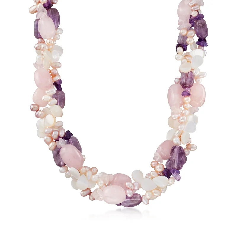 Patina bronze necklaces-Ross-Simons Cultured Pearl, Rose Quartz and Amethyst Torsade Necklace in Sterling Silver