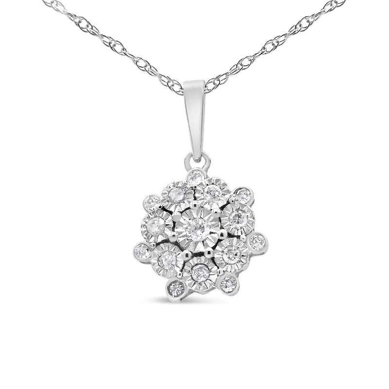 Sea wave necklaces-.925 Sterling Silver 1/4 cttw Diamond Floral Cluster Pendant Necklace