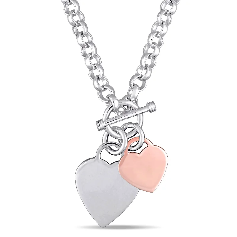 Onyx drop necklaces-Mimi & Max Oval Link Necklace with Double Heart Charm and Toggle Clasp in 2-tone Rose and White Sterling Silver