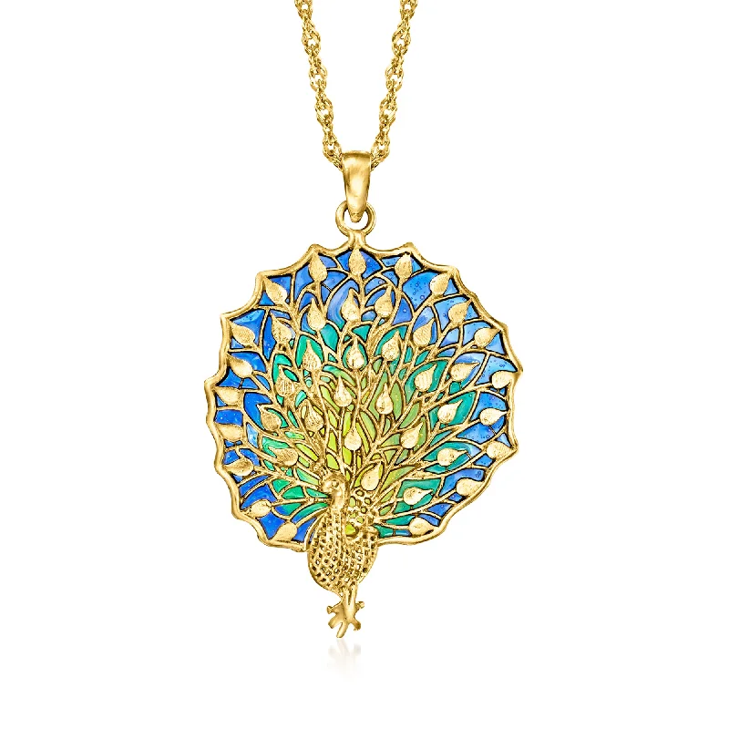 Sleek design necklaces-Ross-Simons Italian Multicolored Enamel Peacock Pendant Necklace in 18kt Gold Over Sterling