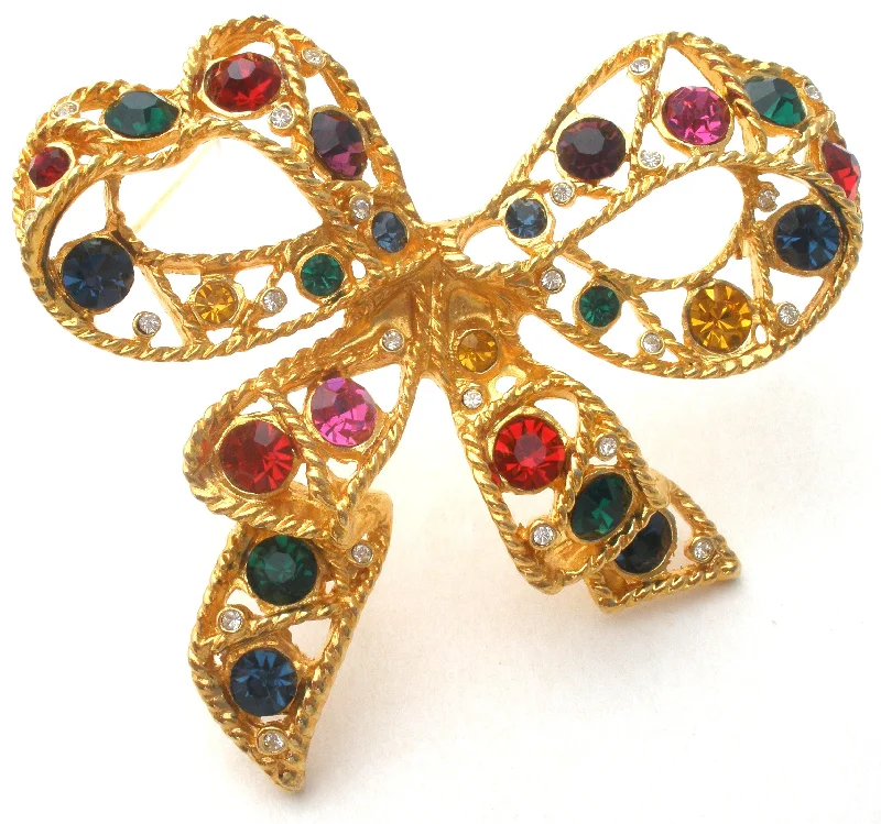 Multi Color Rhinestone Bow Brooch Pin Vintage