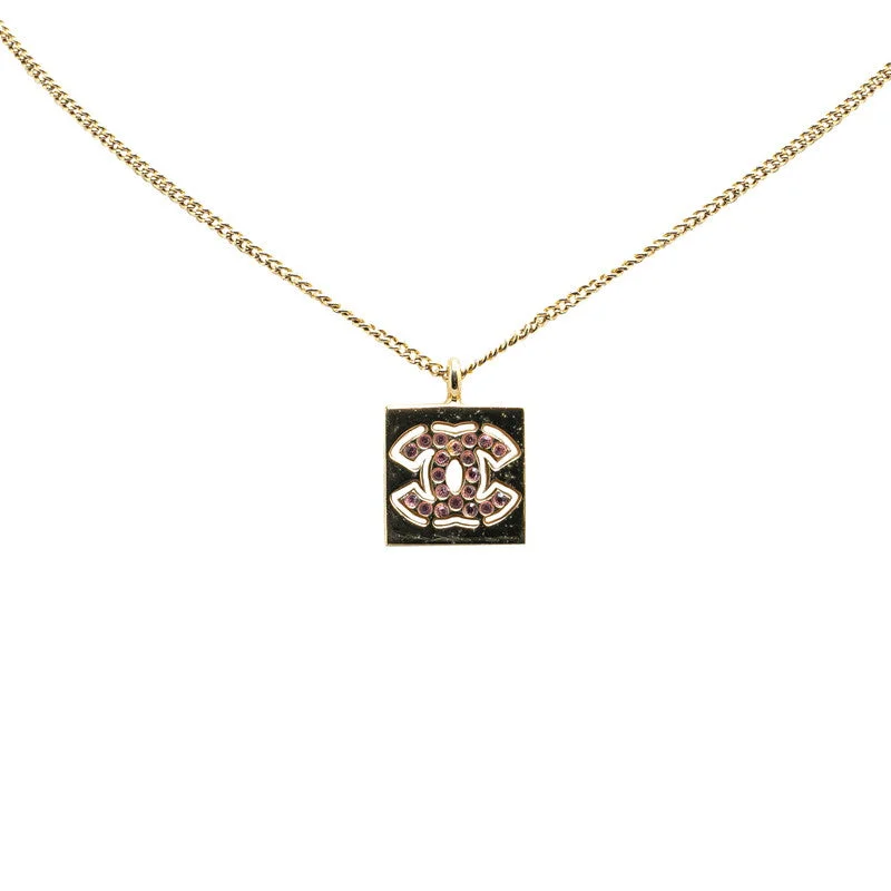 Tide shape necklaces-Chanel Coco Mark Square Rhinestone Necklace Gold Pink