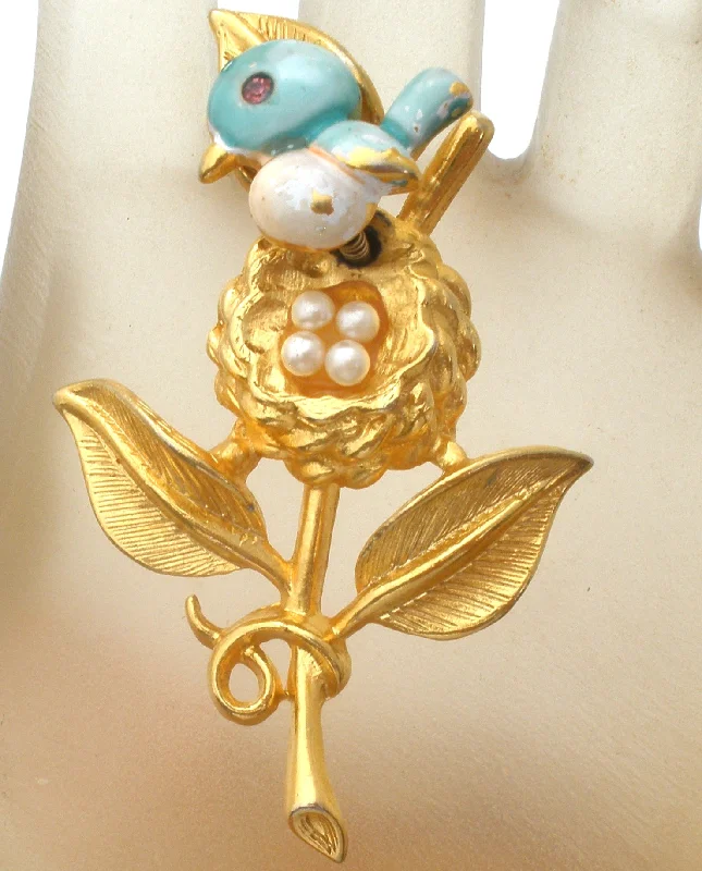 Trembler Bird & Nest Brooch Gold Crown Vintage