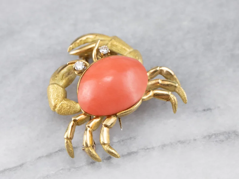 Vintage Coral and Diamond Crab Brooch