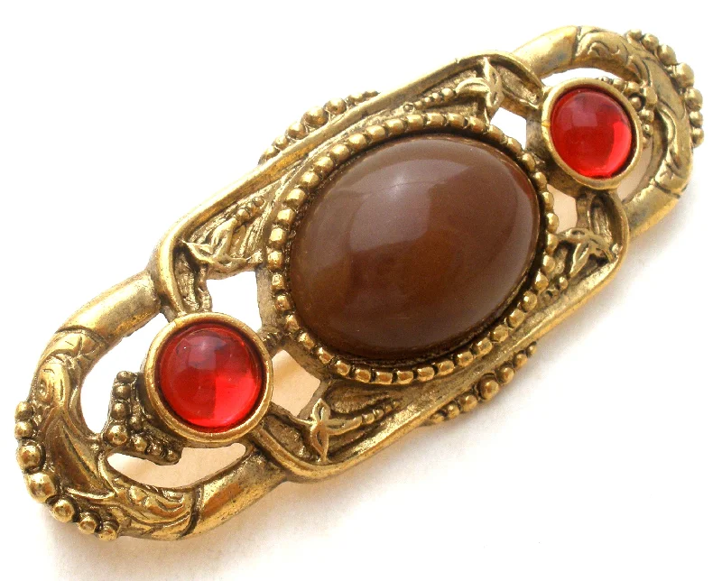 1928 Co Red & Brown Rhinestone Bar Pin Brooch