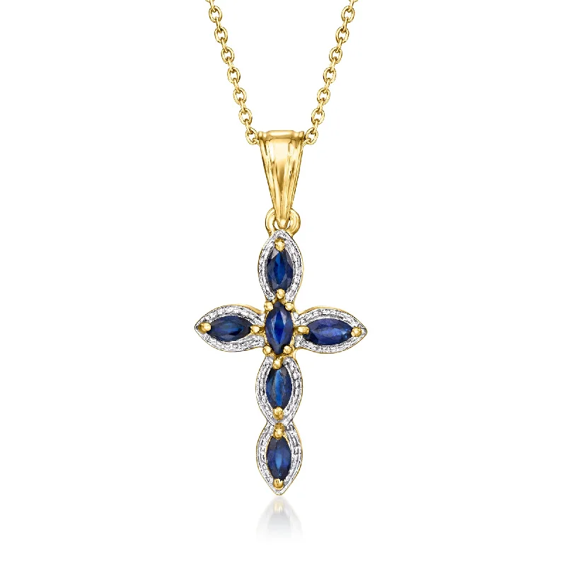 Twin birthstone necklaces-Ross-Simons Sapphire Cross Pendant Necklace in Sterling Silver and 18kt Gold Over Sterling