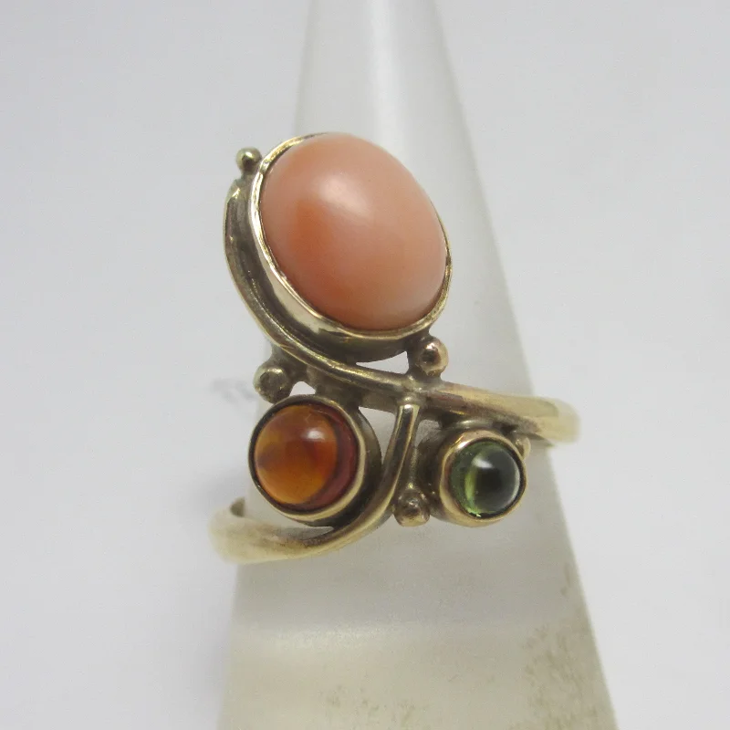 Quirky rings-Coral Peridot & Citrine 9k Gold Ring Vintage 2006