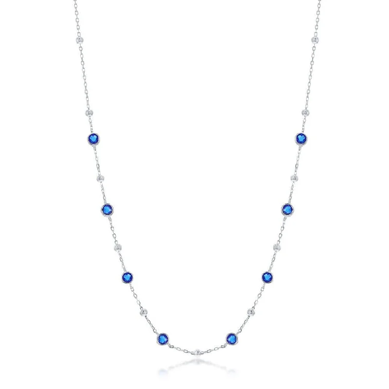 Twin birthstone necklaces-SS Bezel-Set Blue CZ & Bead Station Necklace