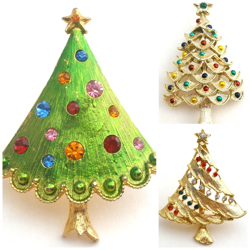 Christmas Tree Pins Lot of 3 Vintage Brooches