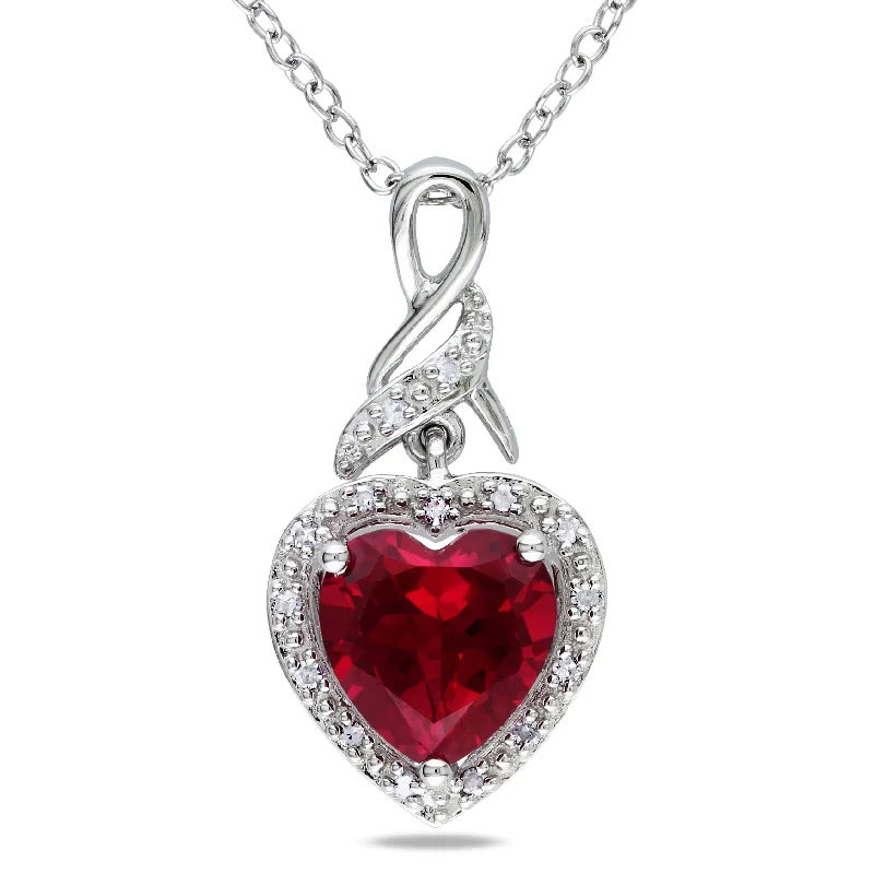 Soft cord necklaces-Mimi & Max 2 4/5ct TGW Created Ruby Heart and Diamond Twist Pendant with Chain in Sterling Silver