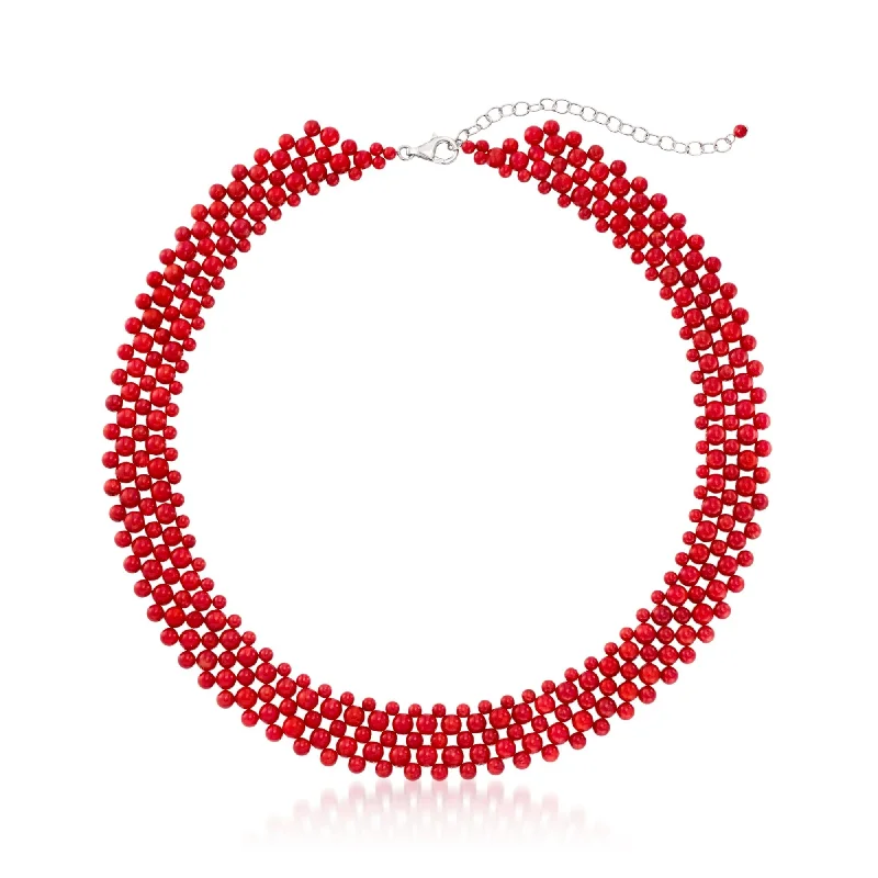 Coiled wire necklaces-Ross-Simons Coral Beaded Collar Necklace in Sterling Silver