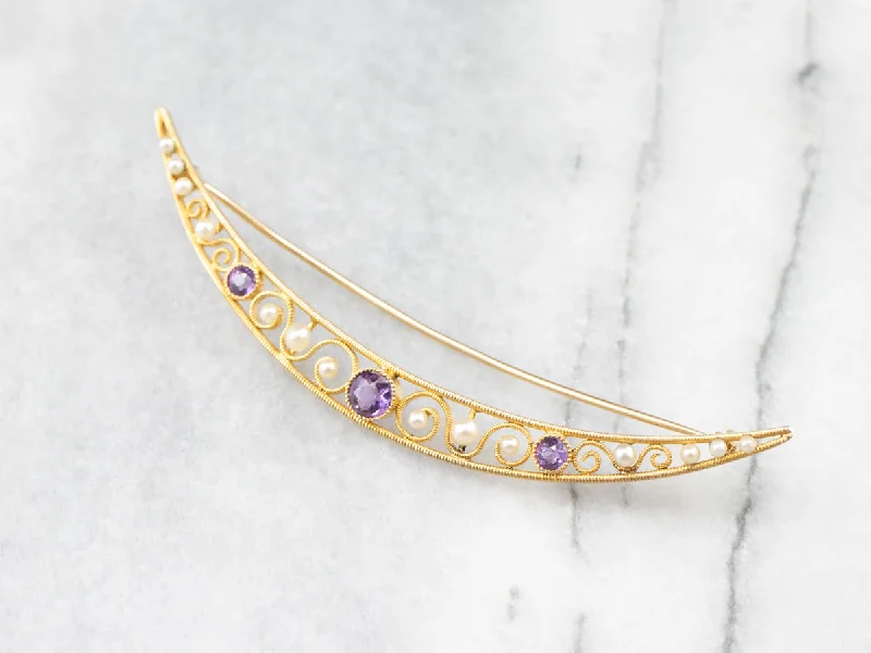 Amethyst and Pearl Crescent Moon Brooch