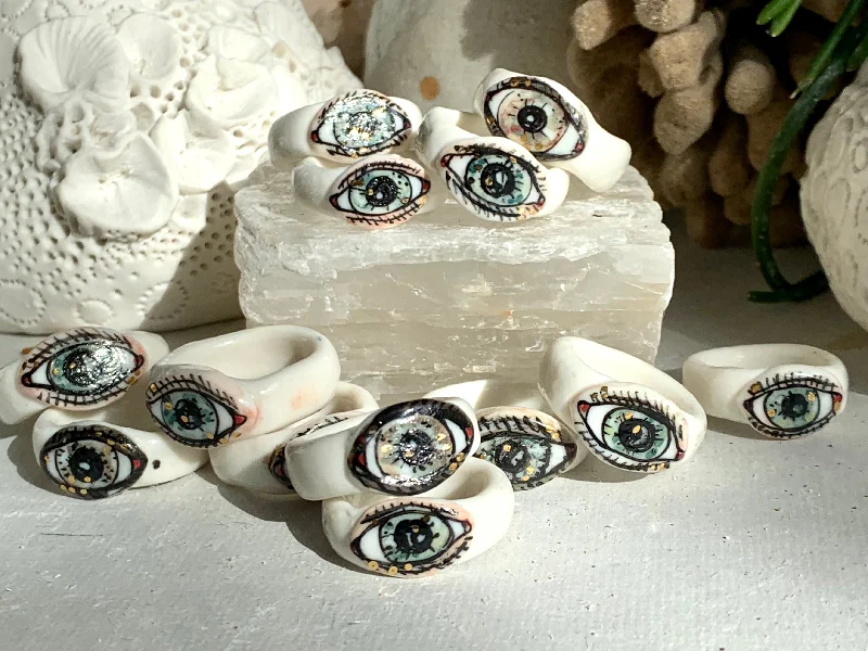 Flat design rings-Hand painted porcelain ‘the protective eye’ ring, choose a size