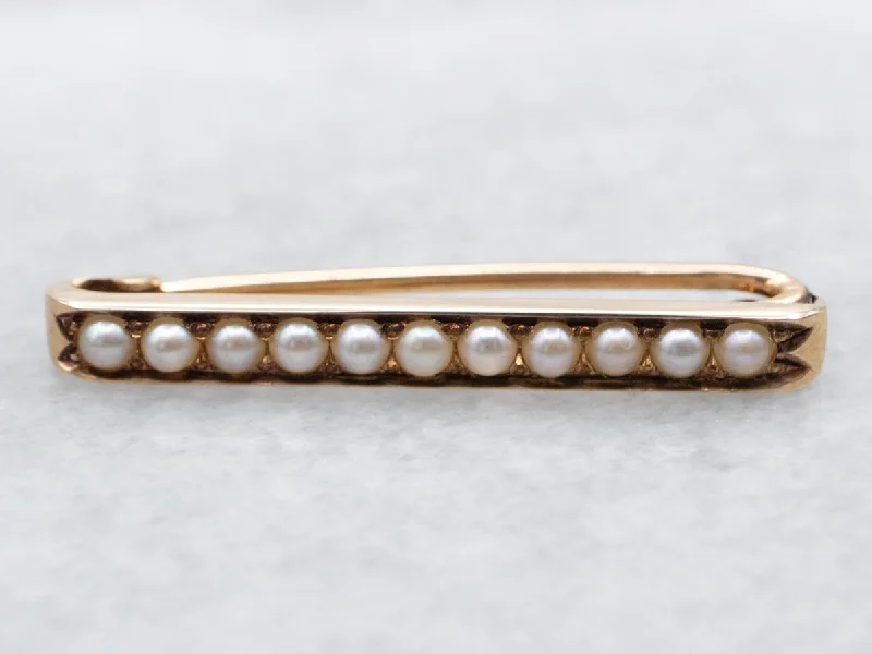 Yellow Gold Seed Pearl Bar Brooch