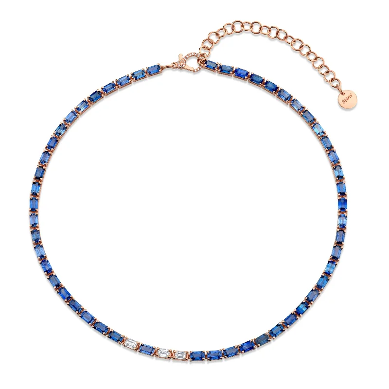 Light wood necklaces-BLUE SAPPHIRE & DIAMOND TENNIS NECKLACE